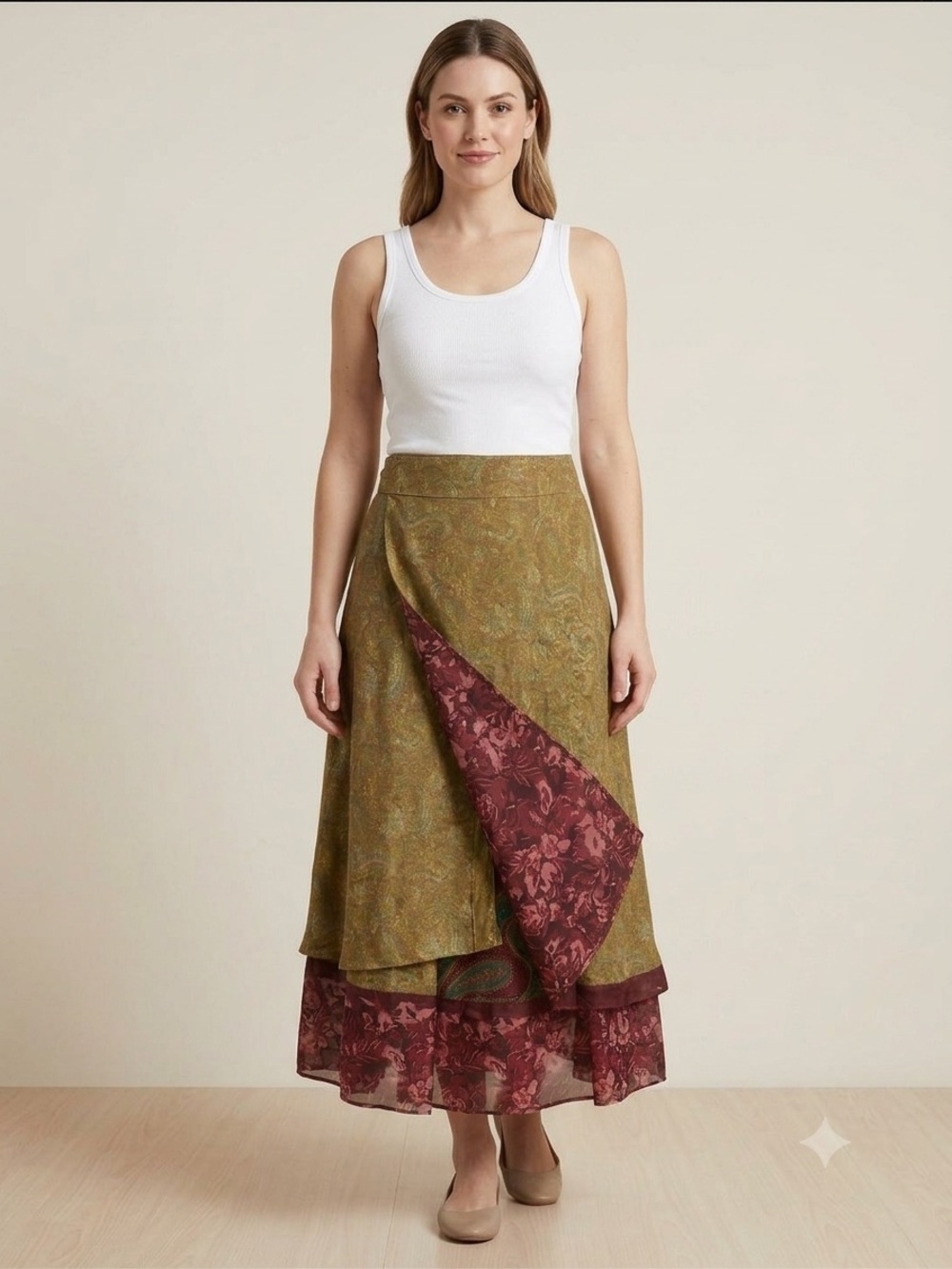 Reversible Boho Wrap Skirt in Olive and Burgundy Iris Impression Style One Size - Picture 7 of 8